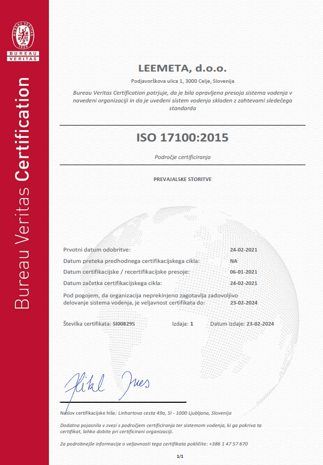 ISO 17100:2015 za prevajalske storitve, Bureau Veritas